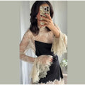 Elegant Lace Patchwork Satin Mini Dress Women High Collar Flare Sleeve See Through Party Dresses Autumn Lady Evening Robes