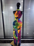 Colorful Rhinestones Print Women Sexy Off the Shoulder Mesh See Through Bodycon Long Dress Nightclub Party Performance Costumes