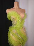 Sparkly Green Diamonds Sexy Mesh Asymmetric Bodycon Mini Dress Celebrate Eveing Birthday Party Nightclub Red Carpet Stage Wear
