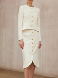 Minimalist Style Two Piece Set Female O Neck Long Sleeve Top with Button High Waist Split Bodycon Office Skirts Suit Female