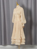 Luxury Afternoon Tea High Neck Pleated Maxi Dress for Women Puff Sleeve Ruched Waist Tiered Flared Skirt for Wedding Guest