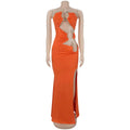 Women Sexy Strapless Cutout Maxi Dress Gold Metal Ring Decor High Waist Side Slit Bodycon Long Dress Clubwear Night Vestido