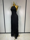 Women Sexy Sleeveless Halter Tassel Bodycon Bandage Dress Purple Black Elegant Evening Party Nightclub Birthday Prom Dress
