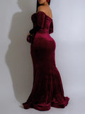 Padded Velvet High Slit Off Shoulder Evening Party Long Dress Women Long Sleeve Bodycon Vestidos Lady Ruched Clothing