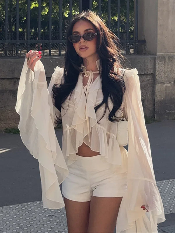 Ruffle Trim Sheer Long Sleeve Cropped Blouse Cuff Tie-Front Sheer Chiffon 2026 Summer Coquette Women Beach Casual Cover-Up Top