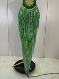 Women Sparkly Green Rhinestone Tassels Sexy Latin Dancer Mesh Bodysuit Eveing Party Birthday Nightclub Performance Stage Costume