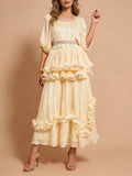 Elegant Chiffon Layered Ruffles Design Dress for Women Short Sleeves Waist Belt Spliced Diamonds Accent for Afternoon Tea