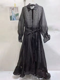 Solid Chic Soft Floral Hollow Out Sheer Flowy Shirt Midi Dress For Women Lapel Long Sleeve Belted Ruffle Hem Vacation Outfit