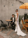 Custom White Strapless High Neck Cape Lace Mermaid Wedding Dress Floor Length Bridal Gown Formal Evening Wear