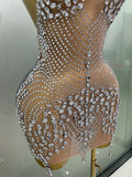 Sexy Sparkly Rhinestones Halter Backless Mesh Velour Short Dress Women Evening Prom Celebrate Birthday Party Stage Wear