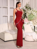 Solid Diamond Wave Cutting Design Sling Dress Sexy Sleeveless Waist Cinching Slim Women Dresses Evening Party Gown
