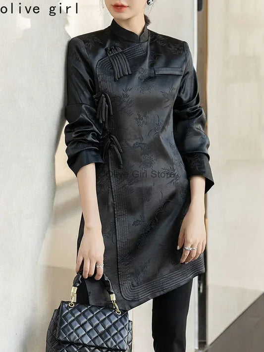 Olive Girl Black Embroidered Qipao for Garden Wedding 2026 Fairycore Photoshoot Everyday Wear S-3XL XS-3XL Plus Size Embroidered Romantic Editorial Not Costume Qipao Cheongsam Chinese Dress Chinese Heritage Fashion Women