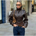 Fashion Women's Cropped Jacket Coat Faux Leather Stand Collar Long Sleeve Biker Style PU Leather Coats Streetwear Outerwear Top