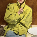 Women Short Trench Coat Lapel Collar Belt Waist Cinched Oversized Long Sleeve Windbreaker Jacket Shoulder Epaulets Spring Autumn