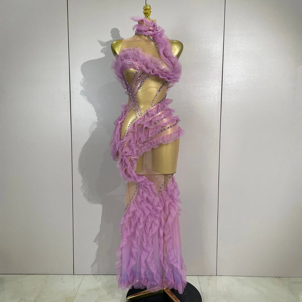 2026 Sparkly Rhinestone Ruffled Mesh See-Through Long Dress Women Birthday Eveing Party Sexy Photo Shoot Nightclub Stage Costume