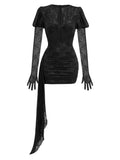 Red White Women Long Sleeve Sexy Lace Draped Bodycon Mini Dress Gloves Nightclub Party Celebrate Birthday Dress