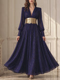 Glitter Deep V Flowy Floor Dress for Women Long Sleeve Ruched Bodice Gold Decorated Wide Waistband A Line Length for Party