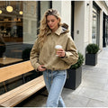 Khaki Hooded Cropped Jacket Faux Two‑inner Zip‑up Plaid Fabric Drawstring Bottom Women Coats Spring Autumn Casual Daily Outfits
