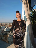Women Zebra Stripe Long Dress Fashion Elegant Lace Up Full Sleeve Slim-fit Robes 2025 New Evening Party Fashion Lady Vestidos