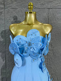 Strapless 3D Handmade Flower RhinestoneBandage Mini Dress Women Sky CorsetBodycon Short Cocktail Party Evening Dress