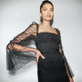 Women's Black Sheer Mesh Trumpet Sleeve Square Neck Waist-Cinching Dress Elegant Evening Performance Gown Vestidos De Bienvenida