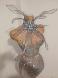 Women Eveing Party Dancer Nightclub Sexy Stage Photo Shoot Costume Sparkly Rhinestones Sleeveless Mesh See-Through Mini Dress