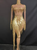 Sparkly Rhinestone Golden Sequins Tassel Sexy Transparent Dress Women Evening Birthday Party Nightclub Dance Singer Stage Outfit