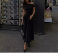 Solid Slimming Temperament Dresses for Women Diagonal Neck Short Sleeves Patchwork Ruffles Fold Dress Female New