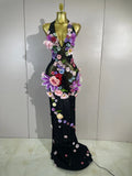 Sexy Halter Mesh See Through Long Dress Women Sparkly Diamonds 3D Flower Evening Party Birthday Photoshoot Nightclub Stage Wear