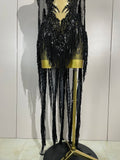 Sexy Black Rhinestones Sequins Tassel With Cape Mesh Transparent Dress Women Evening Birthday Party Nightclub Dance Stage Outfit