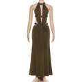 Sexy Women's Maxi Dress Halter Hollow Out Backless Sleeveless Ruched Evening Long Dresses Party Chic Robe Green Purple Summer