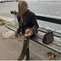 Vintage Lapel Suede Lace Up Jackets Women Solid Fur Collar Pad Shoulder Short Coats 2025 Female Autumn Chic Casual Streetwear