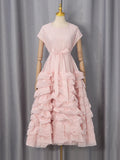 Elegant Spliced Tiered Ruffles Dress for Women O Neck Sleeveless Patchwork Lace Up Slim Formal Evening Puff Dresses Female