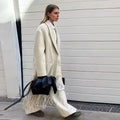 Beige Woolen Lapel Collar Fringe Hem Oversized Long Coats Chic Long Sleeve Warm Jackets Winter Daily Street Lady Outerwear 2026