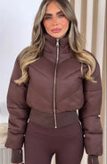 Women Cropped Puffer Jacket Stand Collar Full Zip Long Sleeve Ribbed Hem Warm Slim Fit Winter 2026 Lady Daily Casual Outerwear