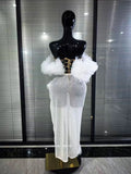 Mint White Color Women Mesh Ruffles Laced-up 2 Pieces Sequins Bodycon Long Dress Nightclub Bar Singer Party Performance Costumes