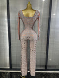Sparkly Rhinestones Mirrors Women Long Sleeve High Stretch Bodycon Long Jumpsuit Bar Singer Performance Cotumes Stage Wear