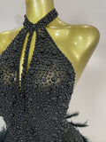 Women Luxury Rhinestones Pearls Feathers Halter Backless Short Dress Women Sexy Celebrate Birthday Dress Nightclub Stage Costume