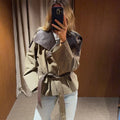 Grey Contrast Cropped Trench Coat Women Lapel Double Breasted Jacket Lady Autumn Winter Daily Lady Streetwear Outerwear 2026 New