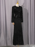 Solid Color Elegant Party Vestido Women'S Spliced Mesh Sequin Slim Long Sleeved Maxi Long Dress