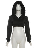 Furry Patchwork Jacket Women Hooded Autumn Trend Zip Super Short Full Sleeve Simple Wild Gothic Punk Street Club Coat