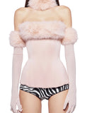 Christmas Furry Strapless Tops Women Patchwork Sexy Long Gloves Matching Birthday Luxury Classic Midnight Clubwear