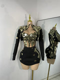 Sparkly Sequined Mirrors Technological High Street Short Summer Three Pieces Dress Sexy Stage Women Outfit Singer Show Wear