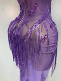 Women Sexy Strapless Purple Rhinestone Tassels Maxi Long Dress Birthday Photo Shoot Bar Nightclub Stage Performance Outfit