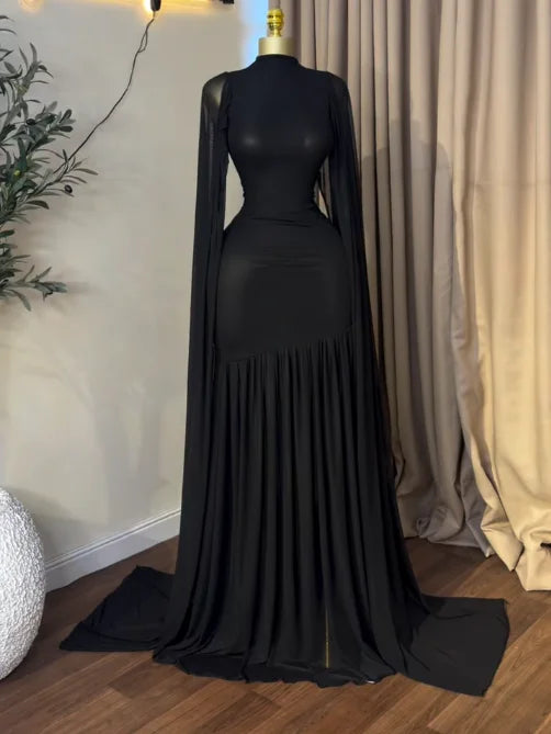 Burgundy High Neck Mesh Cape Sleeve Mermaid Gown Ruched Bodycon Long Dress Wedding Birthday Party Evening Party Dresses