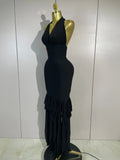 Women Evening Party Prom Gown Birthday Club Dress Sexy Backless Halter Neck Sleeveless Ruffles Pacthwork Bodycon Bandage Dress