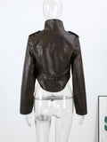 Fashion Women's Cropped Jacket Coat Faux Leather Stand Collar Long Sleeve Biker Style PU Leather Coats Streetwear Outerwear Top