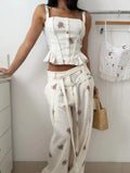 White Floral Print Two Piece Set Spaghetti Strap Ruffle Corset Top Strap Wide Leg Pants 2026 Summer Street Casual Women Outfit