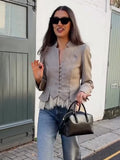 Fashion Lace Hem Peplum Suit Jacket Women V-neck Stand Collar Single Breasted Slim Fit Coat 2026 Vintage Office Casual Outerwear