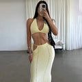 Women 2 Piece Set Sexy Halter Sleeveless Triangle Bra Crop Top Hollow Maxi Skirt Set Slim Knit Summer Beach Vacation Set